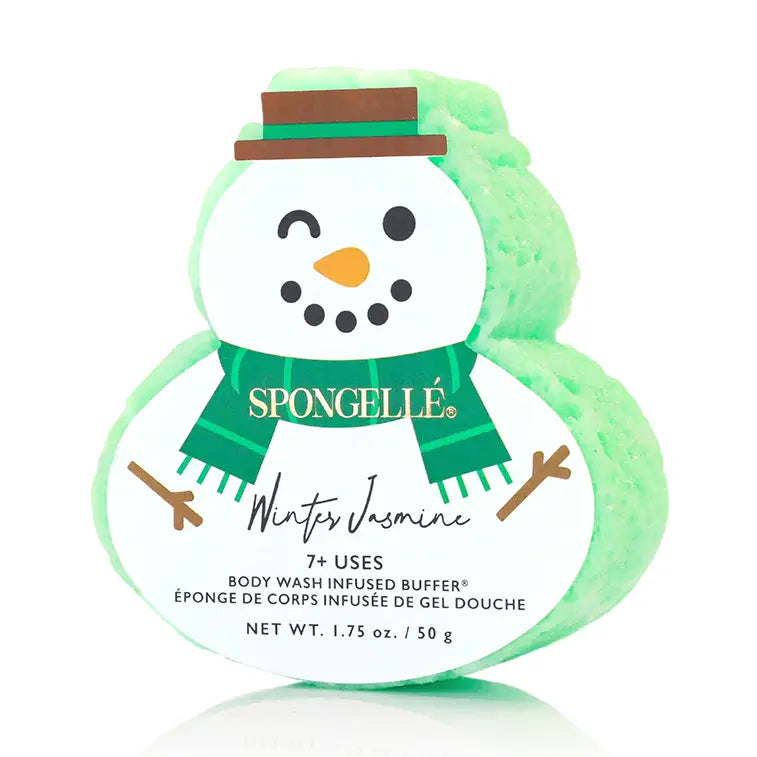 Spongellé Winter Jasmine snowman-shaped body buffer on white background showing green sponge detail — Bliss by Cori Boutique