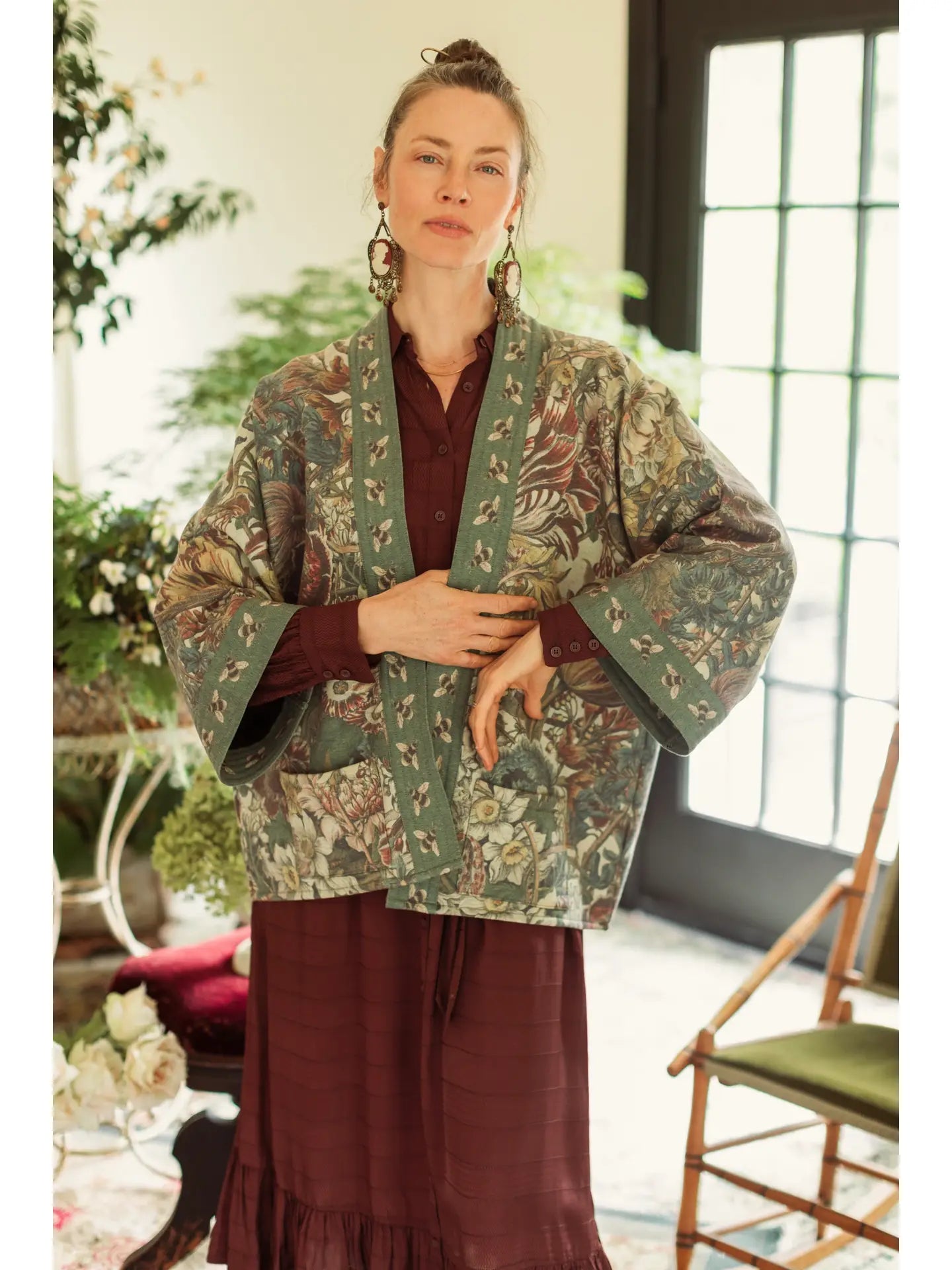 Close-up of Love Grows Wild Cottage Jacket showing bumblebee trim and floral detail | Bliss by Cori