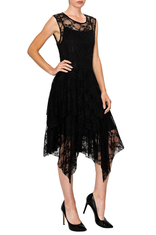 Little Black Dress Whimsical Sleeveless Lace Midi Dress with Unattached Slip - Ships Late September