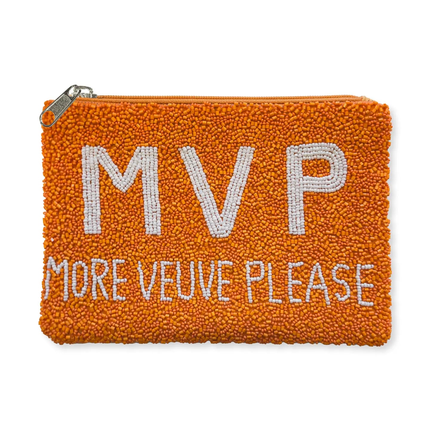 Orange seed bead clutch with white MVP More Veuve Please lettering and silver zipper | Bliss by Cori