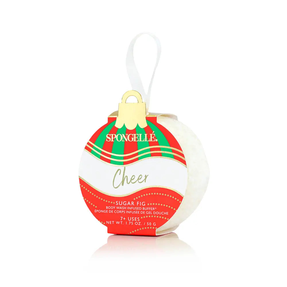 Spongellé Cheer Sugar Fig body buffer ornament in red and green holiday packaging on white background — Bliss by Cori Boutique