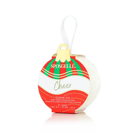 Spongellé Cheer Sugar Fig body buffer ornament in red and green holiday packaging on white background — Bliss by Cori Boutique