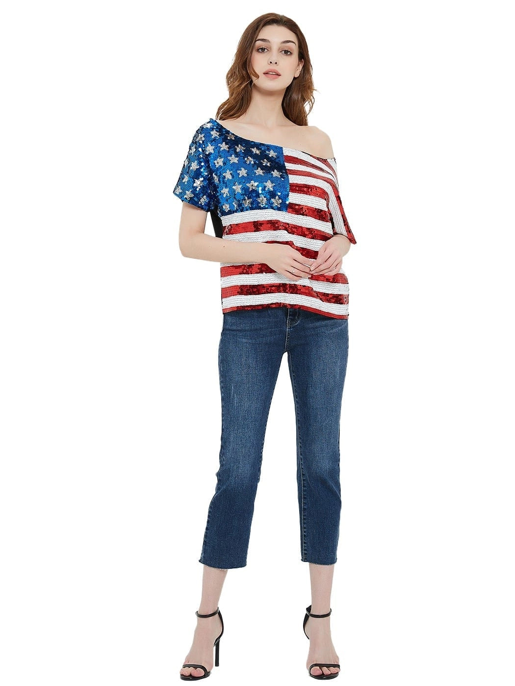 Women's Patriotic American Sequin Off Shoulder Top