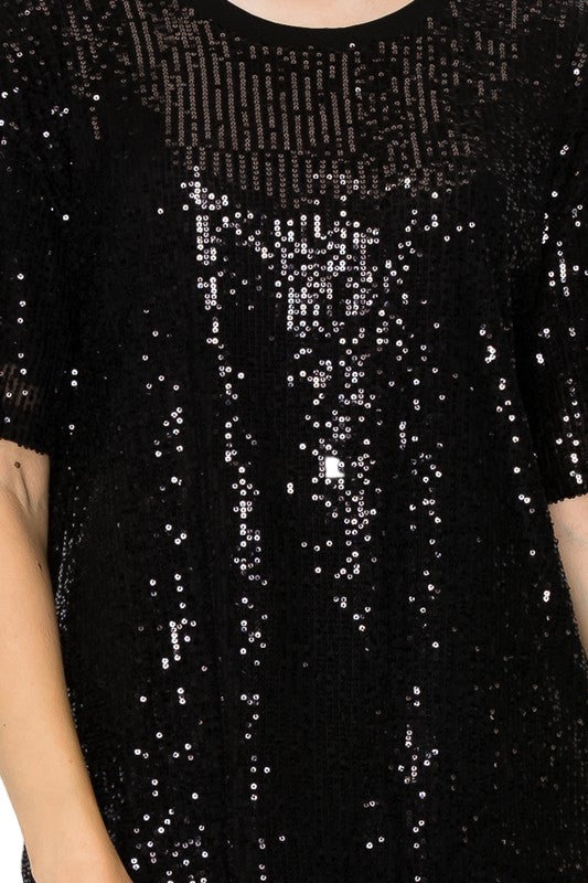 Sparkly Black Sequins Lined Short Sleeve Top - Ships Late September