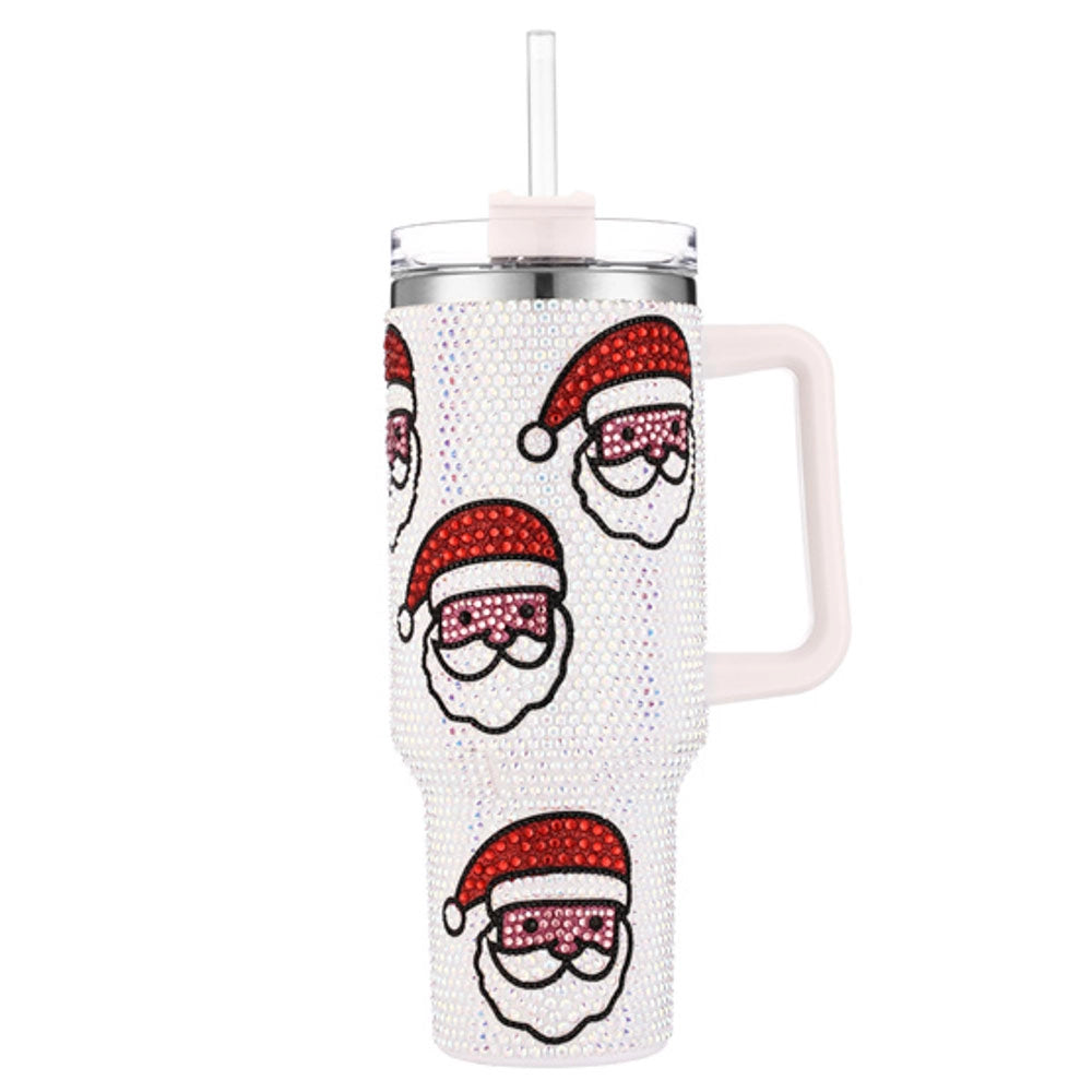 40oz Rhinestone Stainless Steel Insulated Travel Tumbler with Handle - White Santa Clause