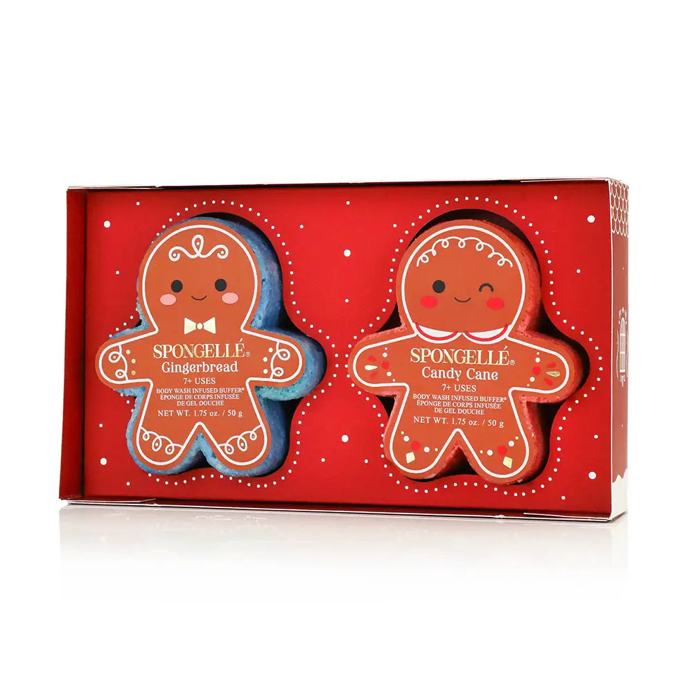 Spongellé Sugar & Spice gift set open box showing Gingerbread and Candy Cane body buffers in red holiday packaging — Bliss by Cori Boutique