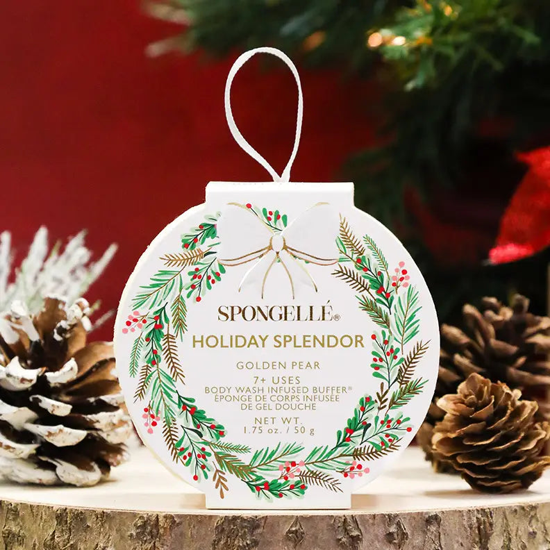 Spongellé Holiday Splendor Golden Pear body buffer ornament with pine cones and Christmas tree