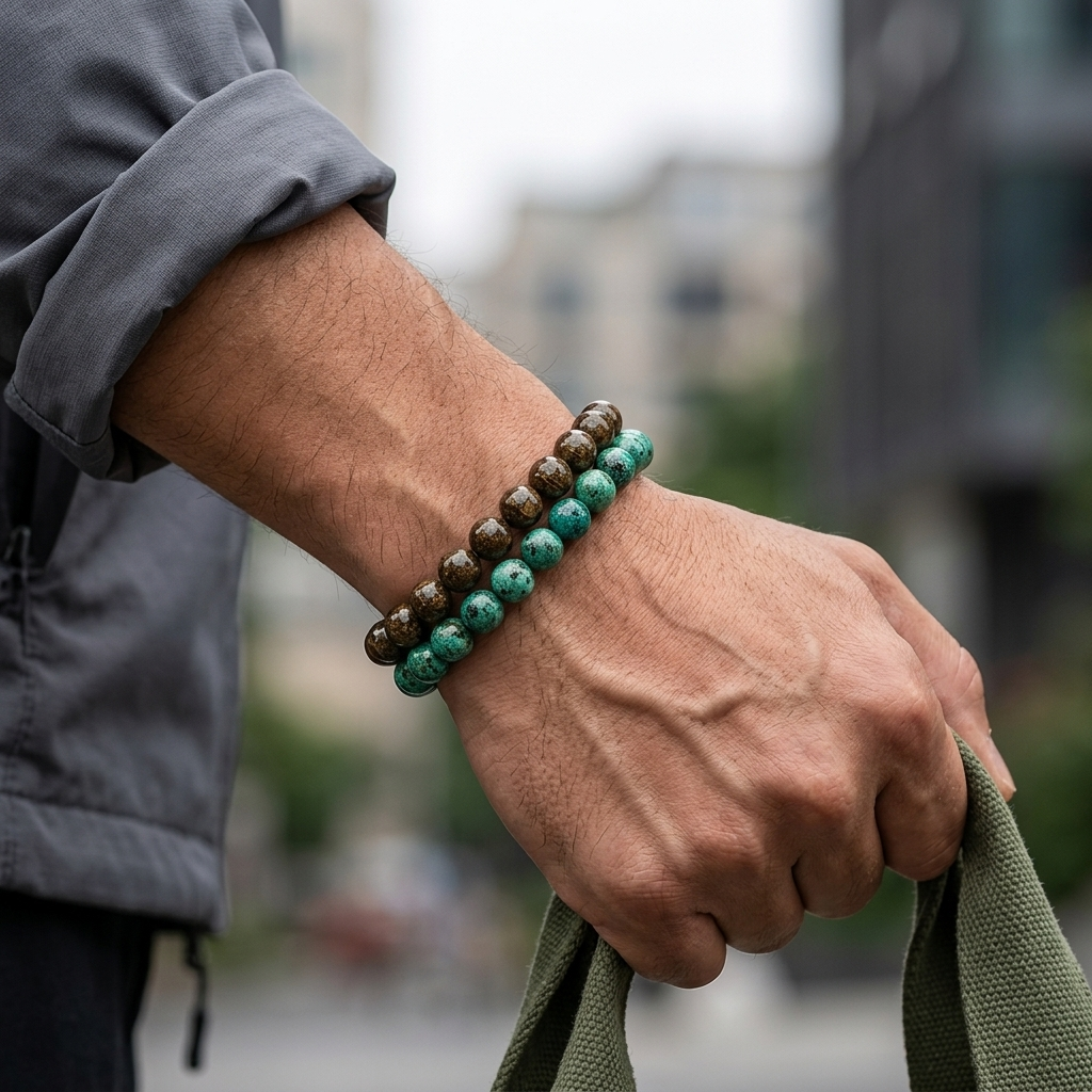 Bronzite And Chrysocolla Gemstone Bracelet Set