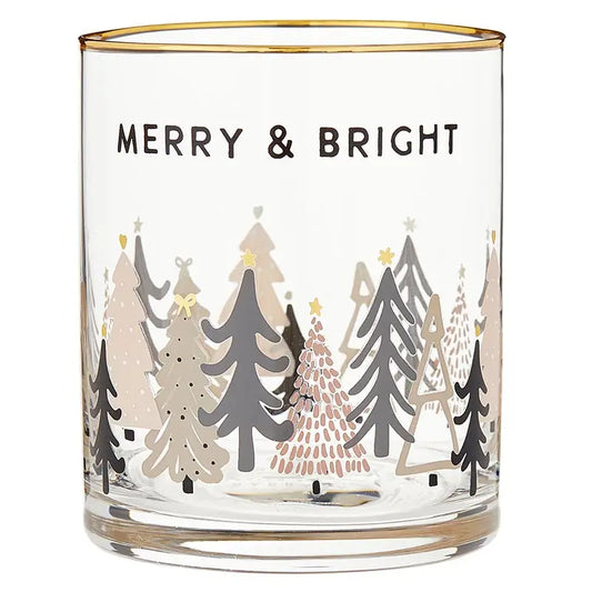 Merry & Bright holiday rocks glass with gold rim and whimsical Christmas tree forest design in neutral gray and blush tones – Bliss by Cori
