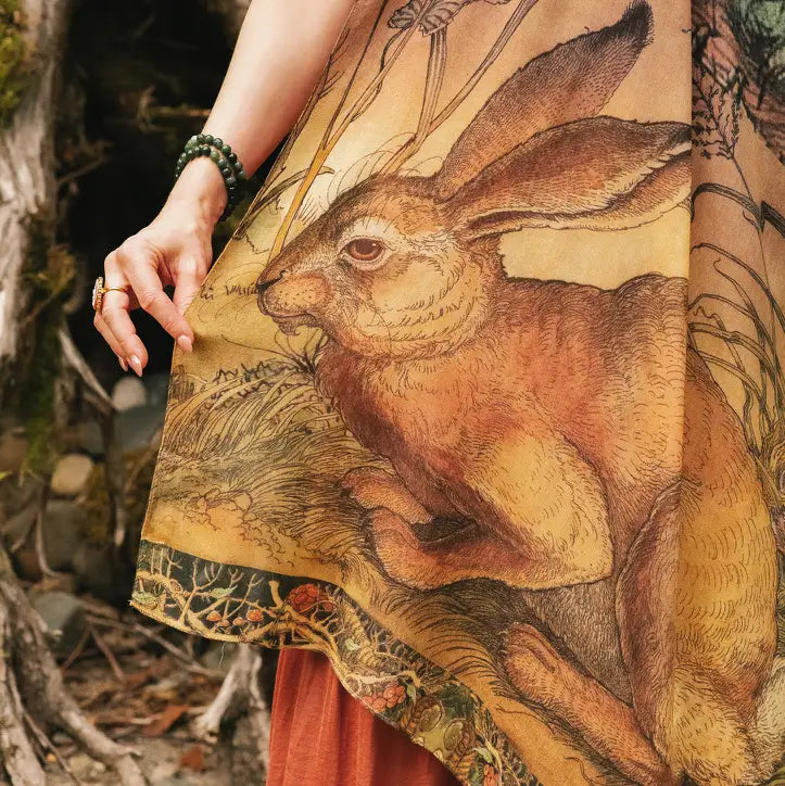 Close-up detail of Woodland Wisdom Bohemian Scarf showing the noble rabbit centrepiece illustration with intricate linework by Charles van Sandwyk, botanical border and moth details — Bliss by Cori