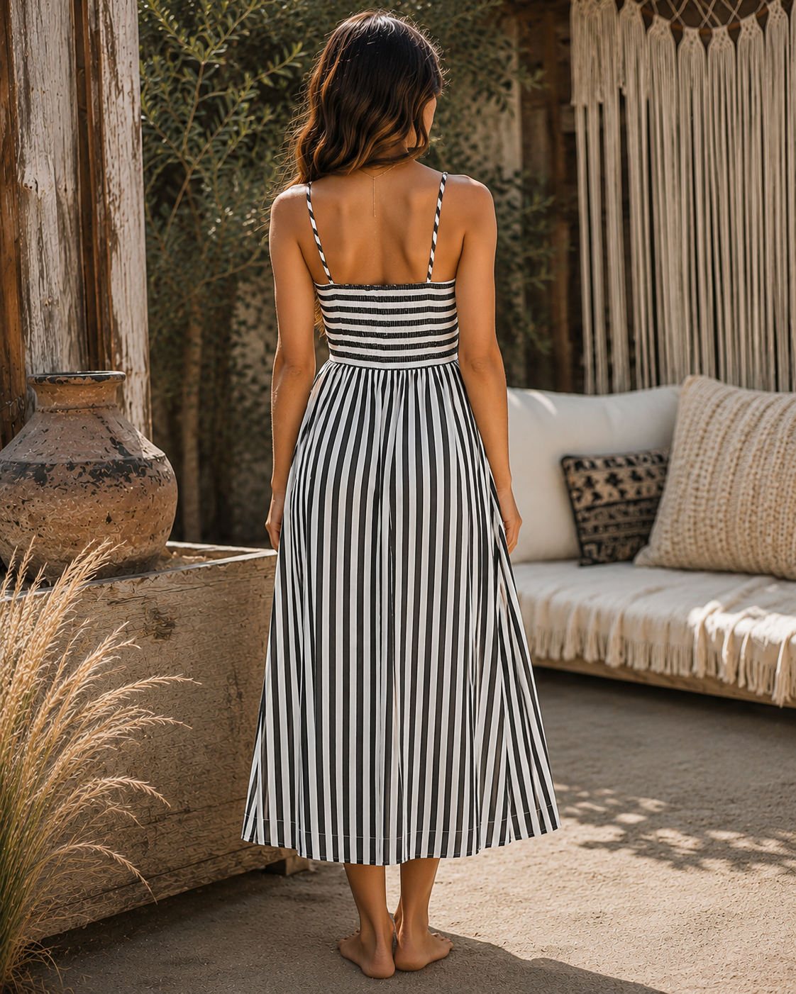 Striped Spaghetti Strap Maxi Dress Ruched A-Line Casual Summer Long Dress