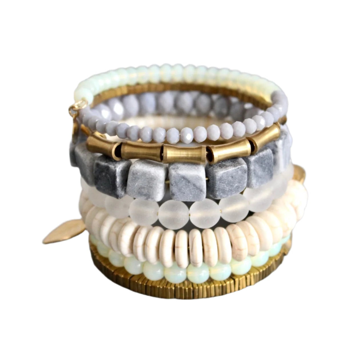 Gemstone Gray, White, and Brass Wrap Bracelet