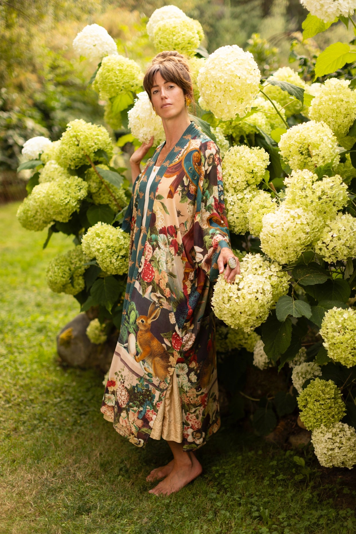 Stay Gold Opera Duster Kimono Robe w/ Rabbits Flowers & Bees