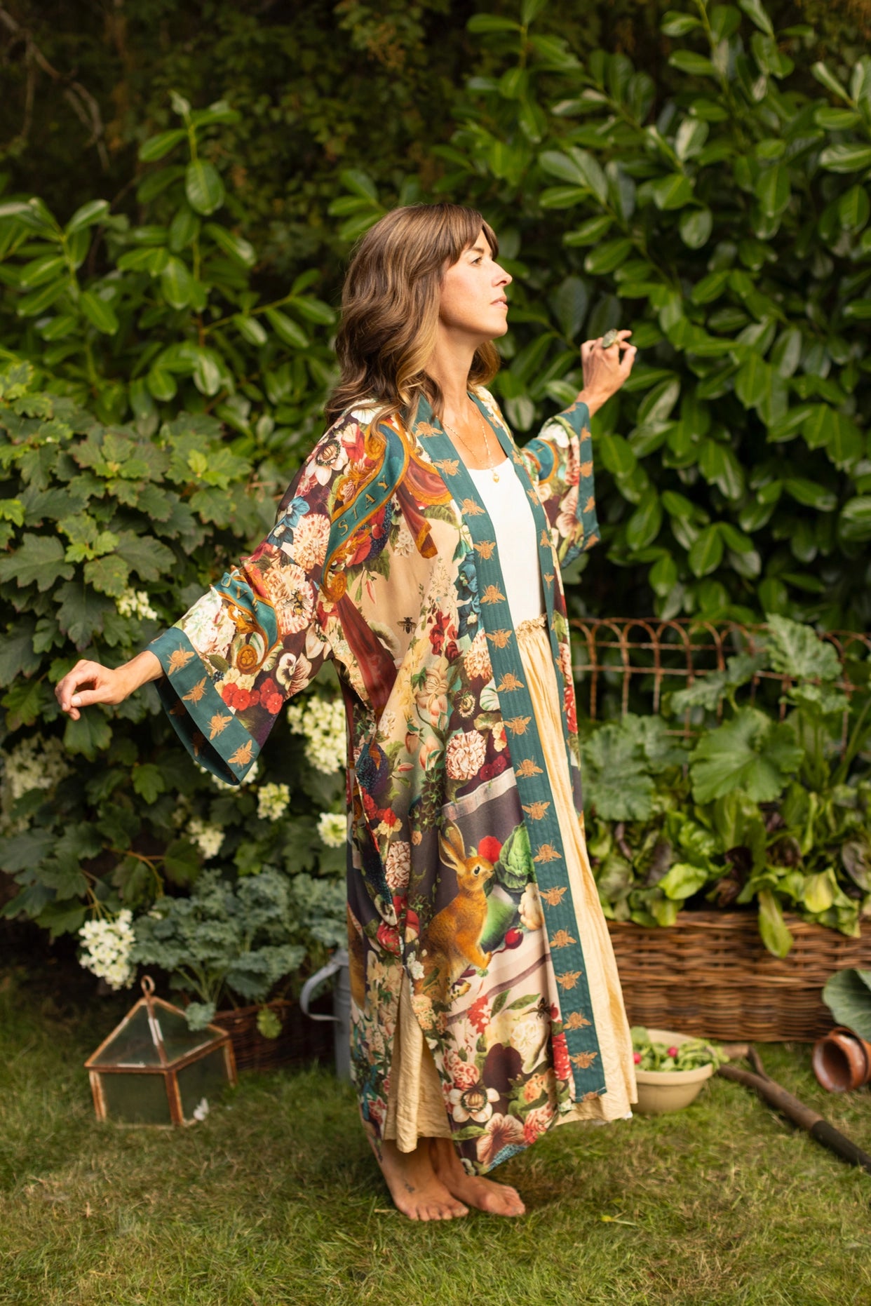 Stay Gold Opera Duster Kimono Robe w/ Rabbits Flowers & Bees