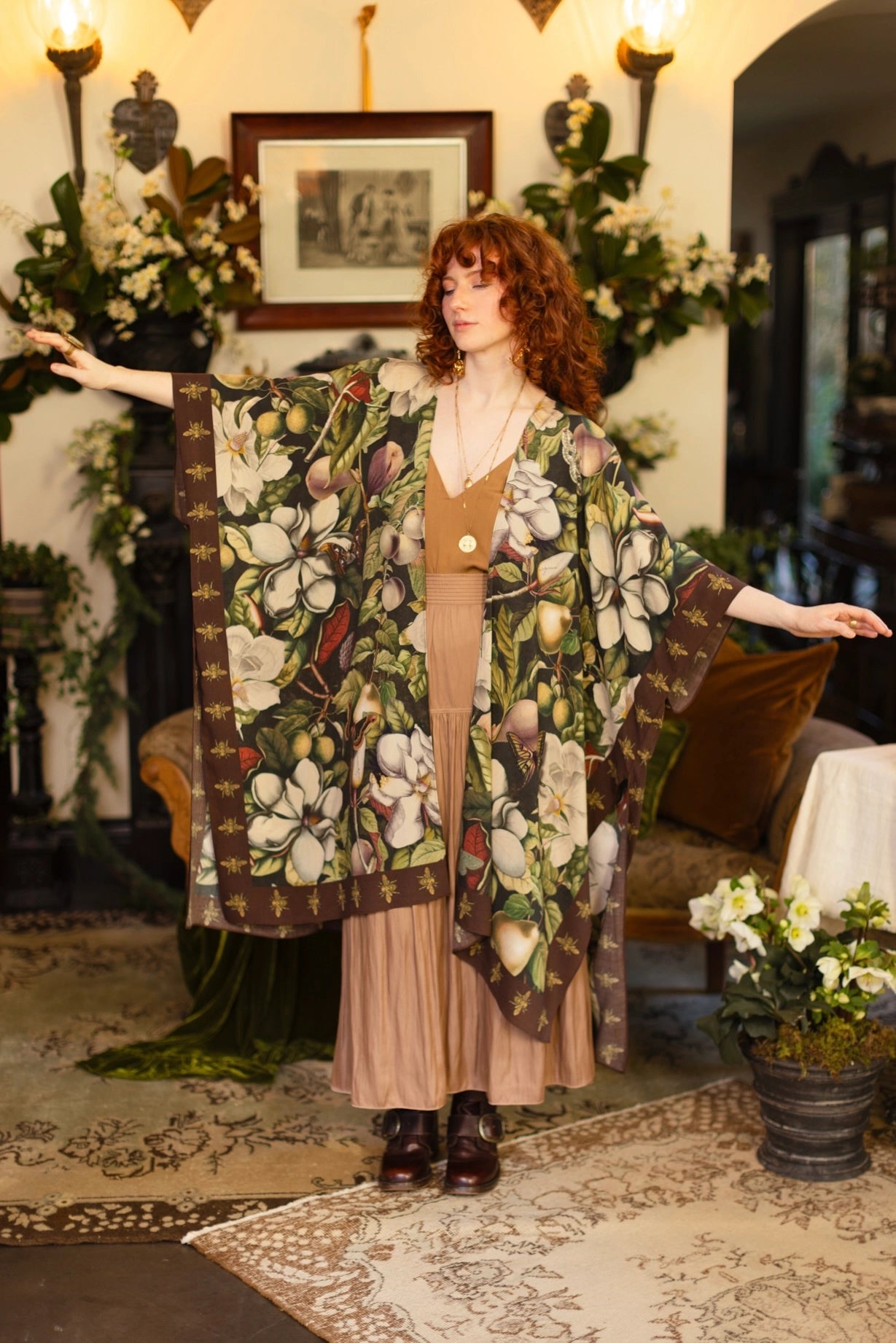 Fleur De Lune Goddess Starduster Kimono w/ Florals & Bees- Pre-Order - Ships In September
