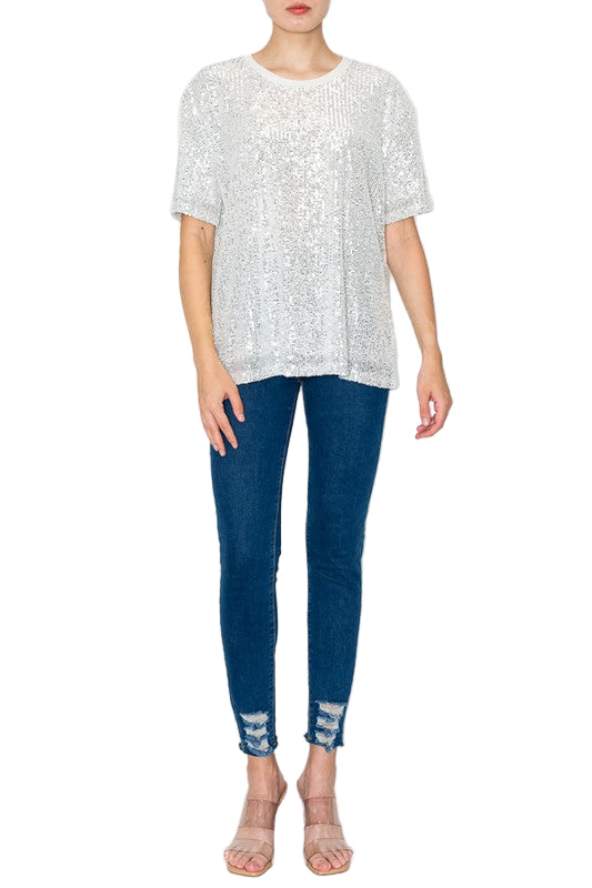 Sparkly Silver Sequins Lined Short Sleeve Top - Ships Late September