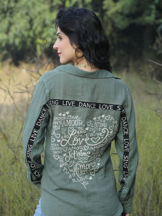 Olive Cotton Gauze Blouse with Heart Embroidery