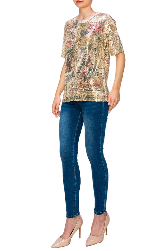 Rose West Vintage Inspired Sequin Short Sleeve Blouse - Ships Late September