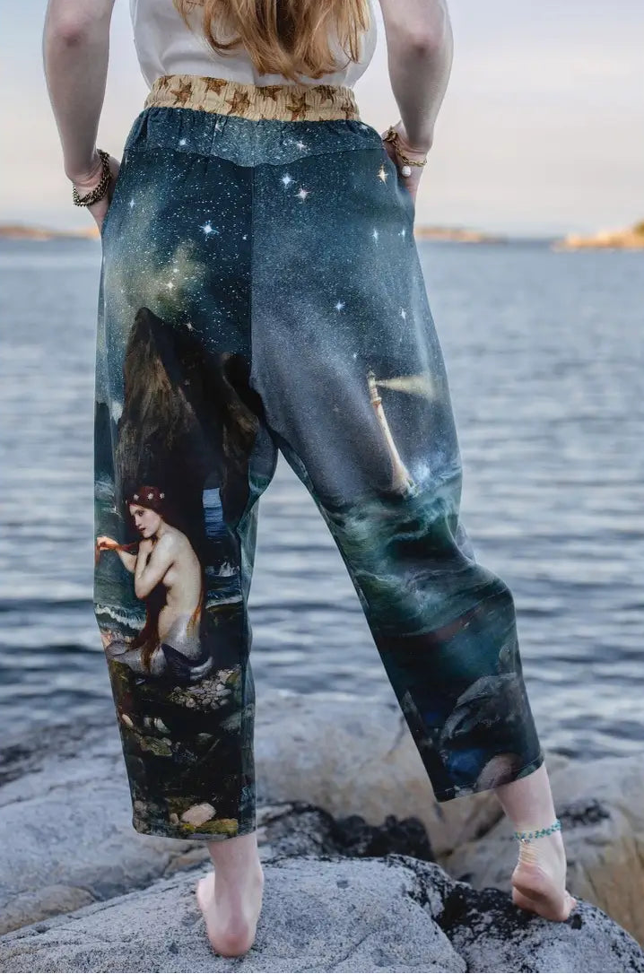 Back view of the Market of Stars Siren cropped Artist Pants with moon, stars and mermaid artwork | Bliss by Cori