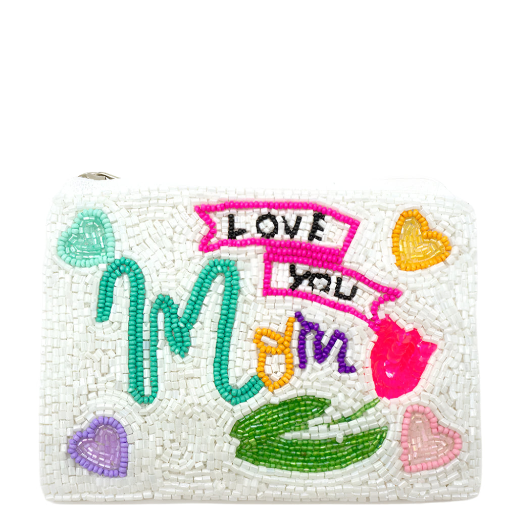 Love You Mom Beaded Zipper Coin Bag