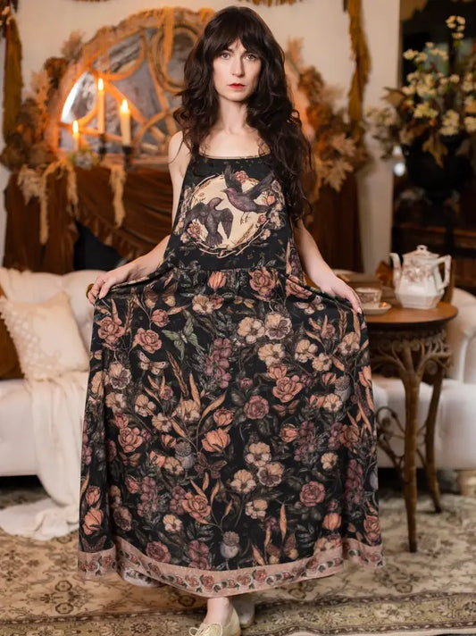 Momento Bohème Maxi Slip Dress in dark floral print with starlings and skull motifs — Bliss by Cori
