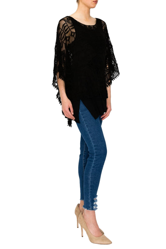 Black Crochet Poncho Top with Geometric Embroidered Details - Ships Late September