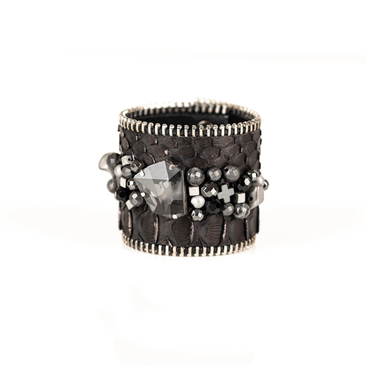 The Wide Double Zipper Leather Cuff With Beads