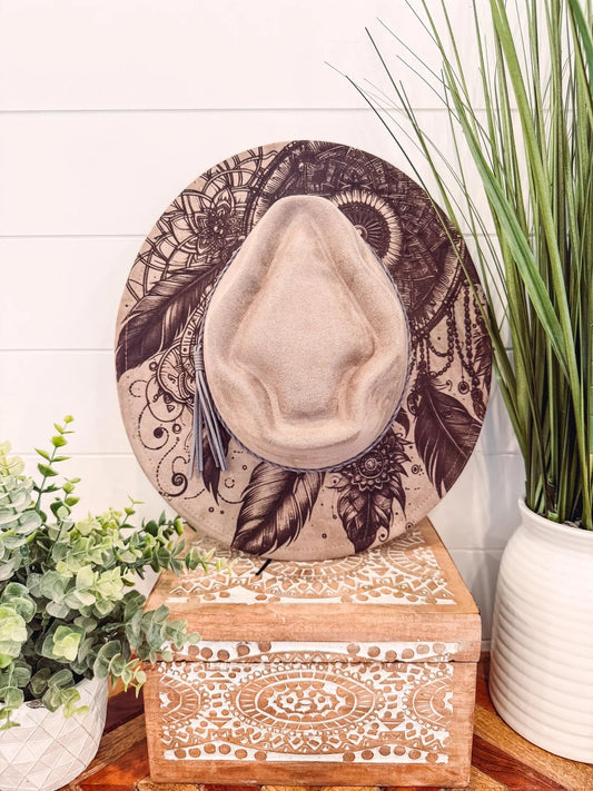 Dreamcatcher Engraved Hat, Floral Engraved Cowboy Hat, Burned Fedora, Engraved Suede Hat, Boho Hat, Vegan Suede Cowboy Hat, Women's Cowboy Hat