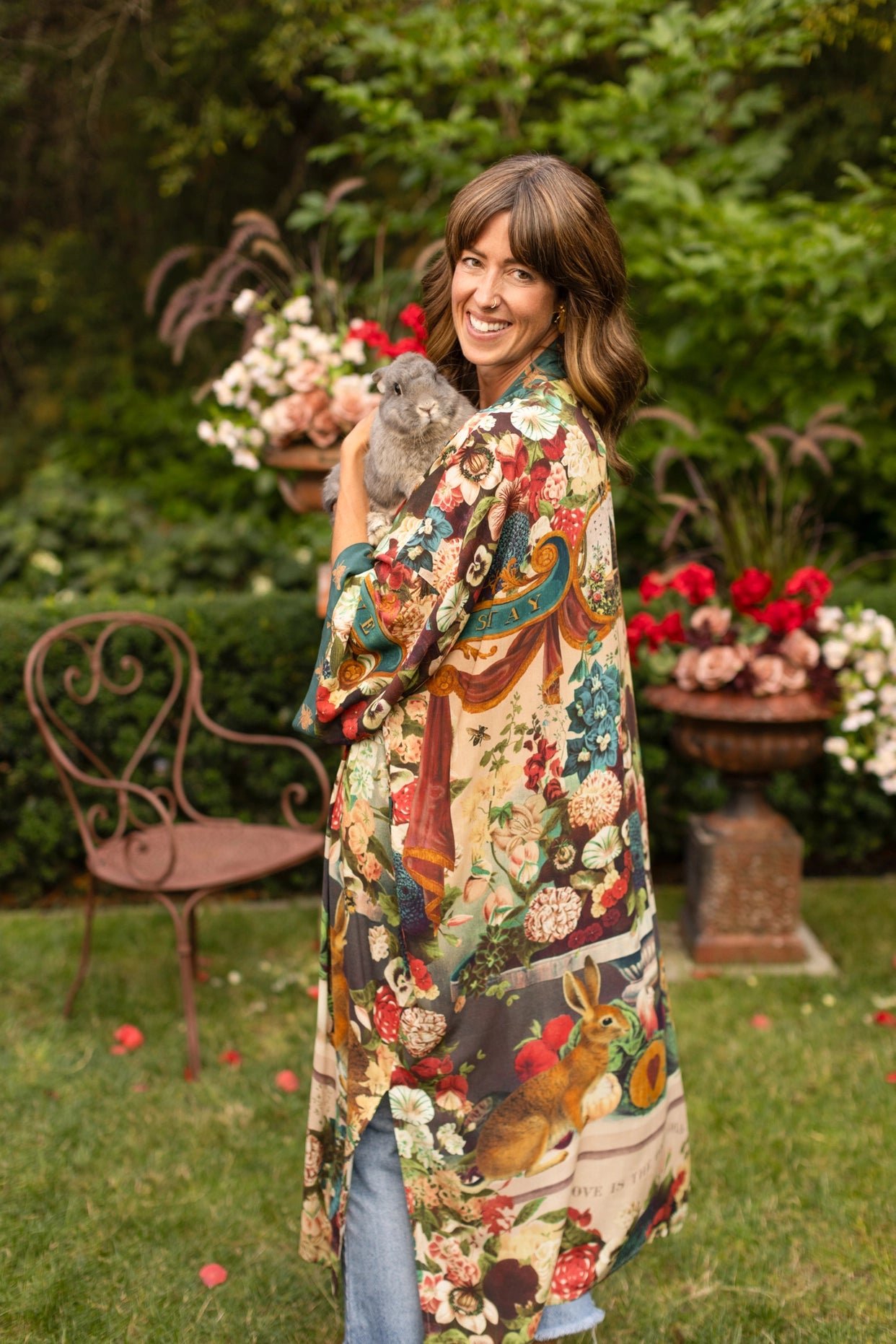 Stay Gold Opera Duster Kimono Robe w/ Rabbits Flowers & Bees