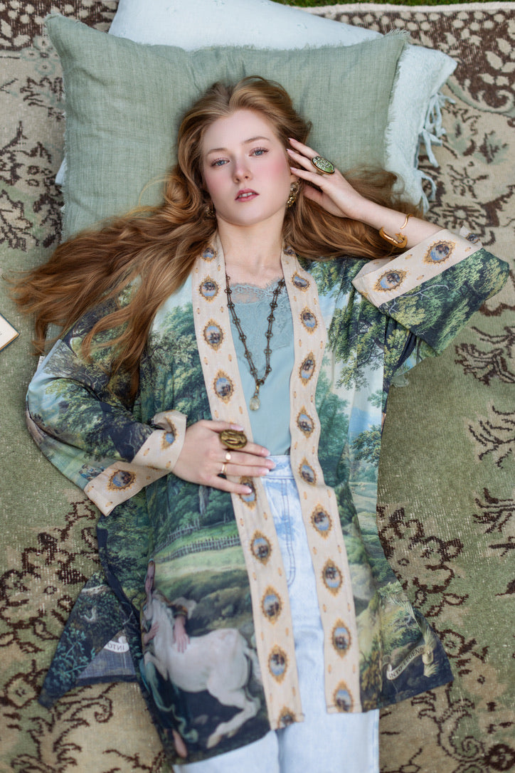 The Mythmaker Matinée Duster Kimono w/ Landscape & Unicorn Pre-Order Ship March 2026