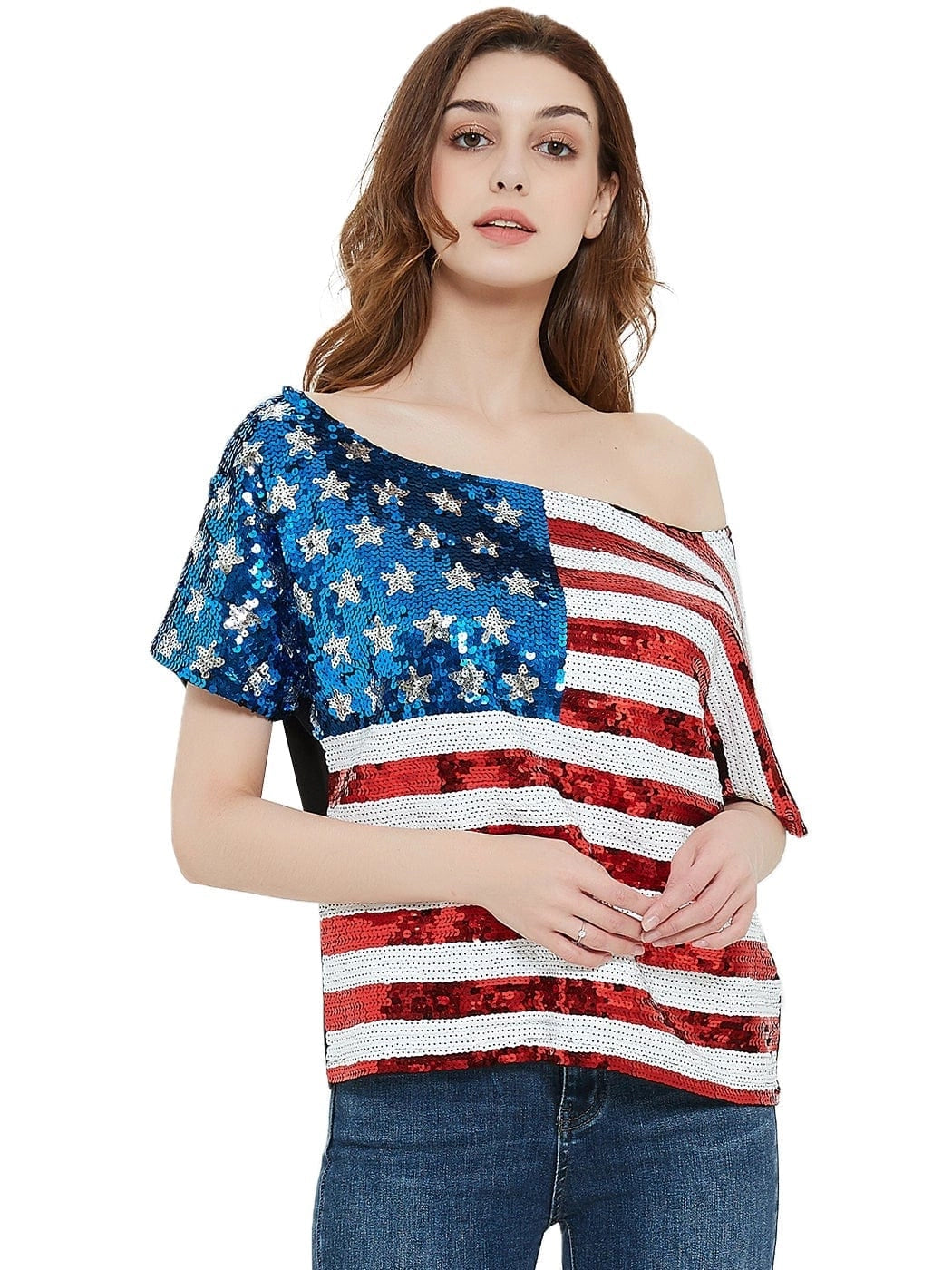 Women's Patriotic American Sequin Off Shoulder Top