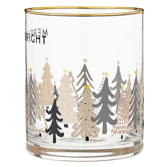Side view of Merry & Bright holiday rocks glass with gold rim and Christmas tree forest design in gray and blush – Bliss by Cori
