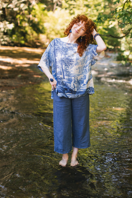 Let the Light in Luxe Tee Tunic Shirt With Blue Delft Toile