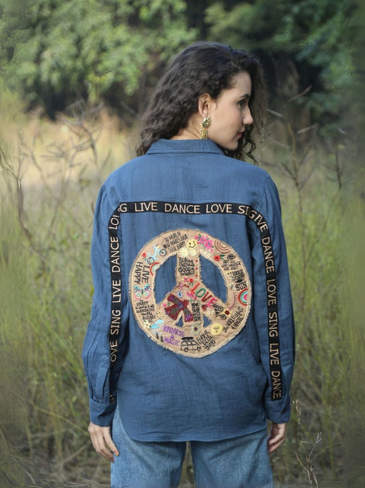 Boho Peace Sign Shirt in Denim Blue – Double Gauze Cotton