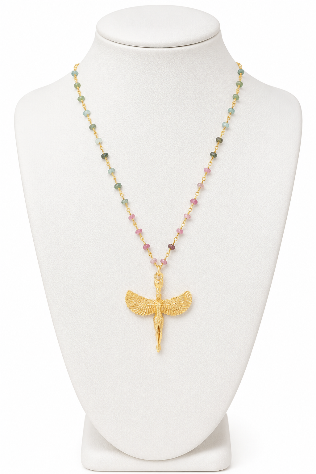 Divine Feminine Tourmaline Necklace with gold Isis winged goddess pendant on multi-color tourmaline beaded chain displayed on white jewelry bust – Bliss by Cori Boutique