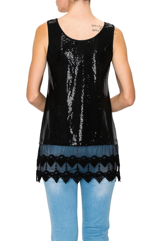 Sparkly Black Sequins Tank Top with Lace Layer - Ships Late September
