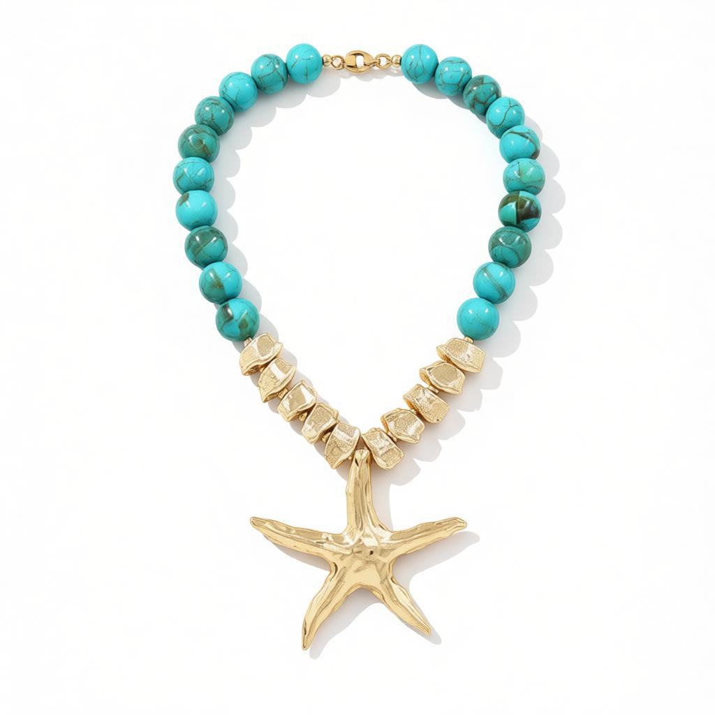 Chunky Beaded Starfish Pendant Statement Necklace
