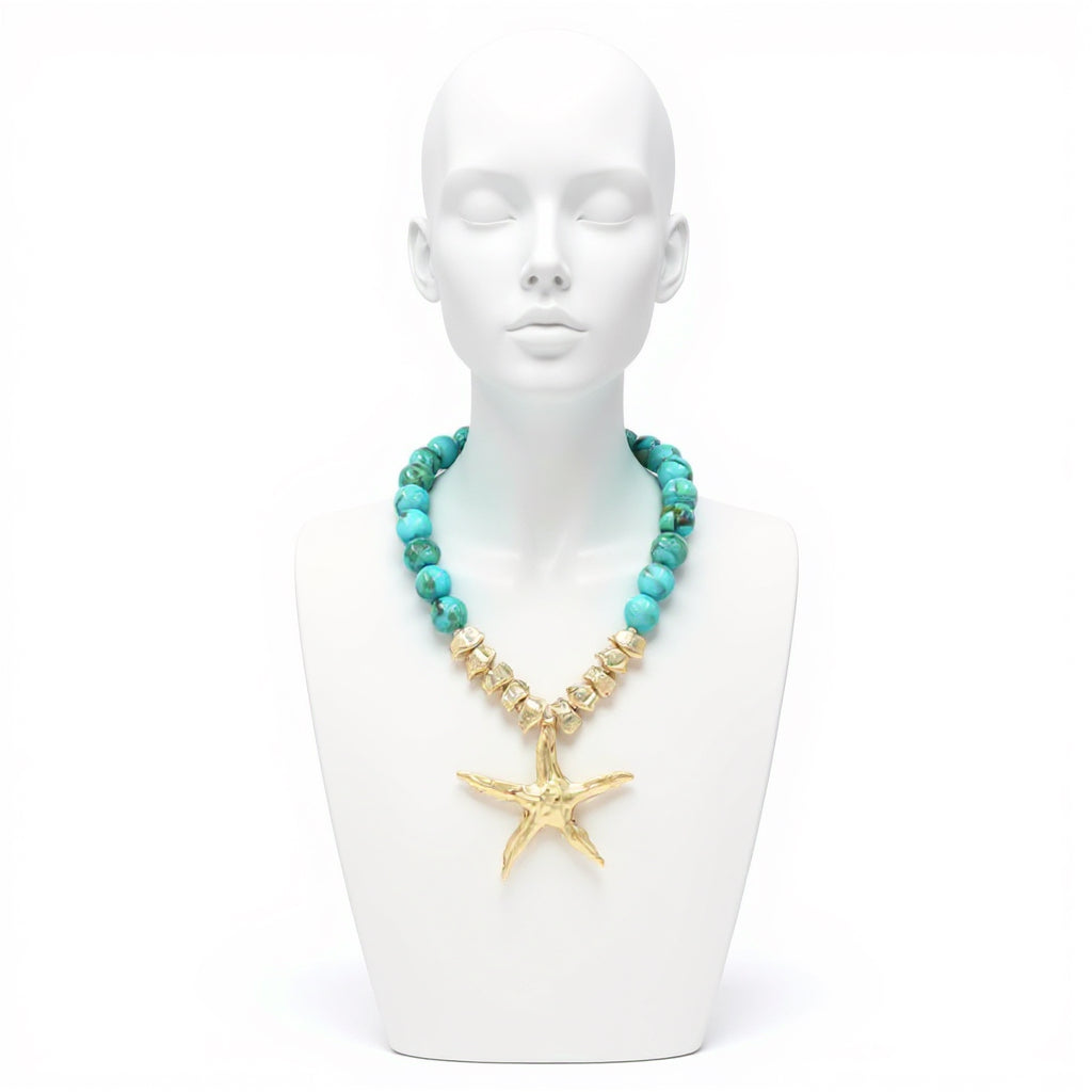 Chunky Beaded Starfish Pendant Statement Necklace