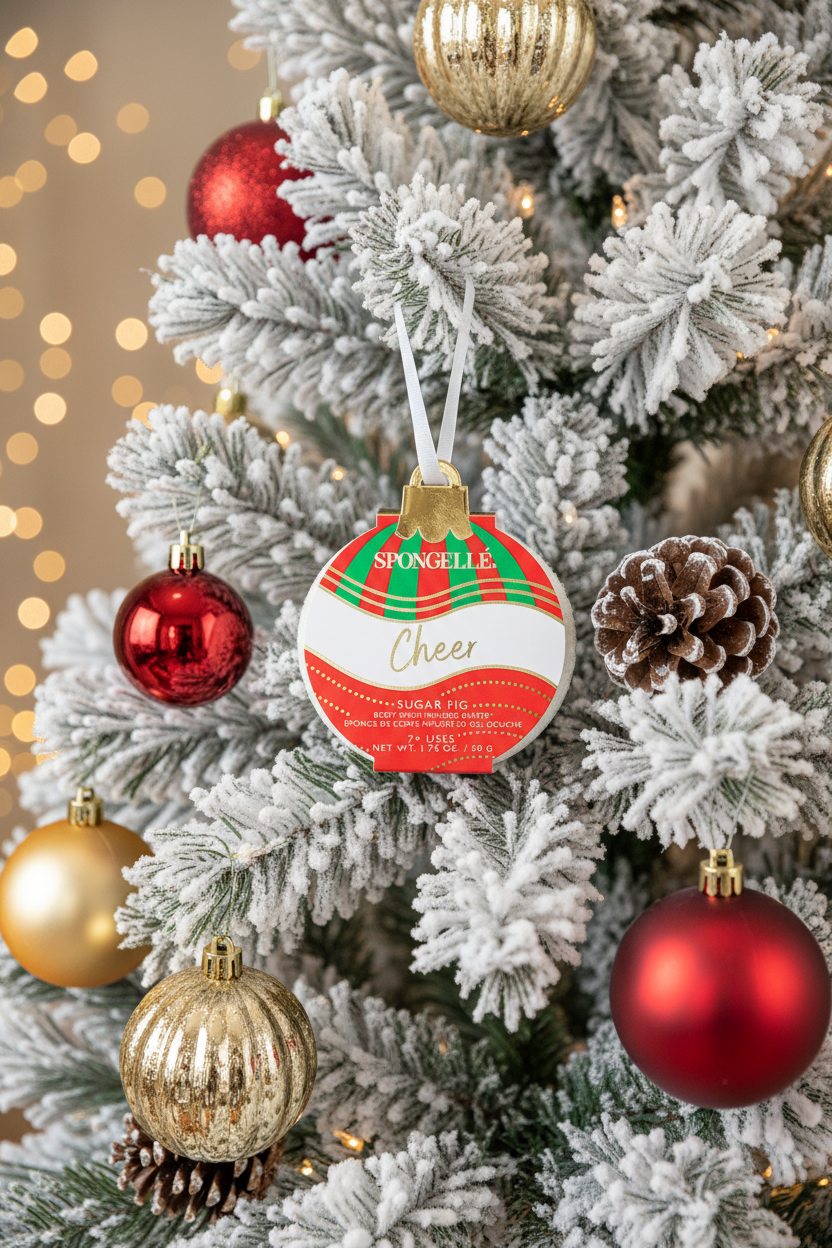 Spongellé Cheer Sugar Fig body buffer ornament hanging on a snow-flocked Christmas tree with warm golden bokeh lights — Bliss by Cori Boutique