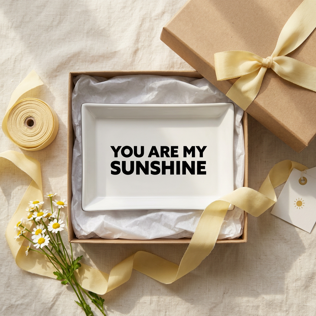White You Are My Sunshine ceramic tray nestled in tissue inside a kraft gift box with yellow ribbon and daisies | Bliss by Cori