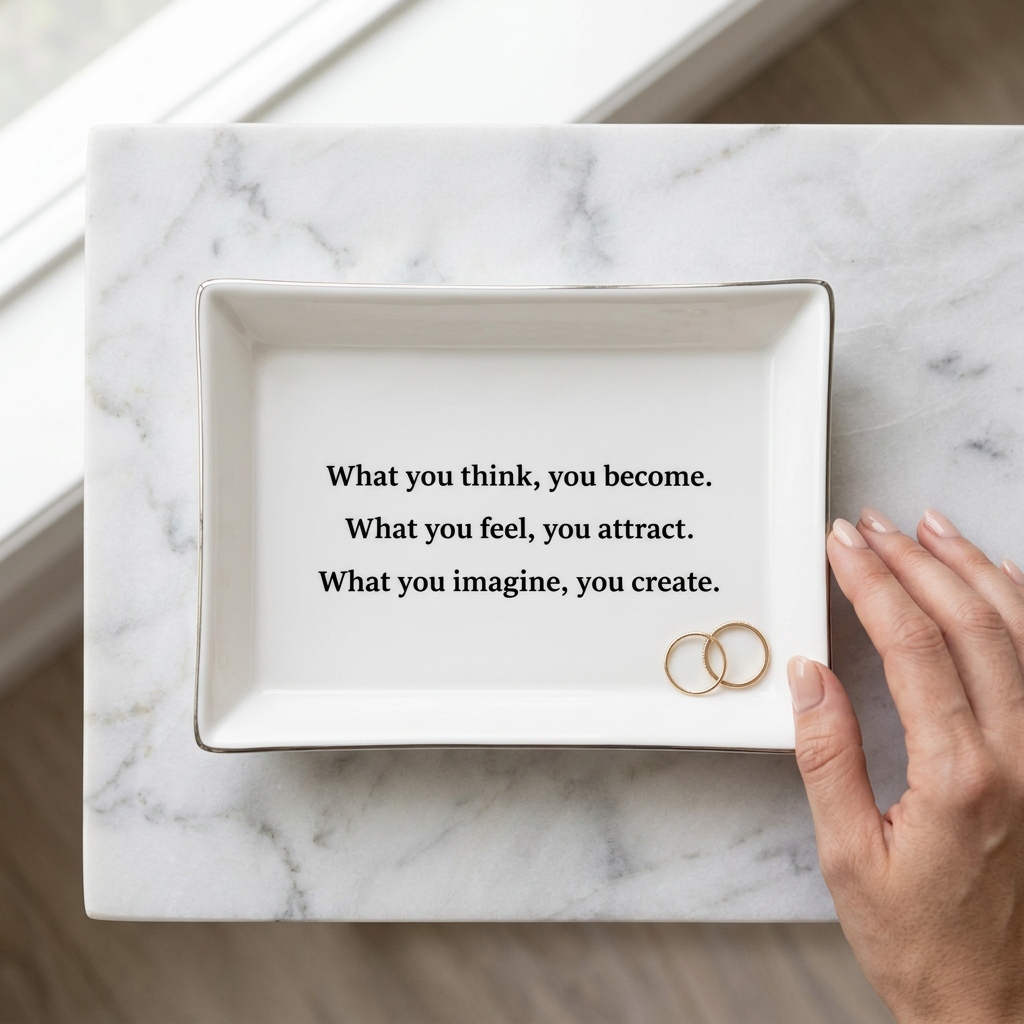 White ceramic tray with three lines of inspirational black lettering and two gold rings on marble beside a manicured hand | Bliss by Cori