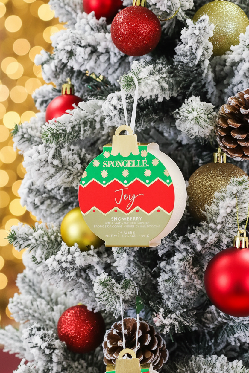 Spongellé Joy Snowberry body buffer ornament hanging on a snow-flocked Christmas tree with warm golden bokeh lights — Bliss by Cori Boutique