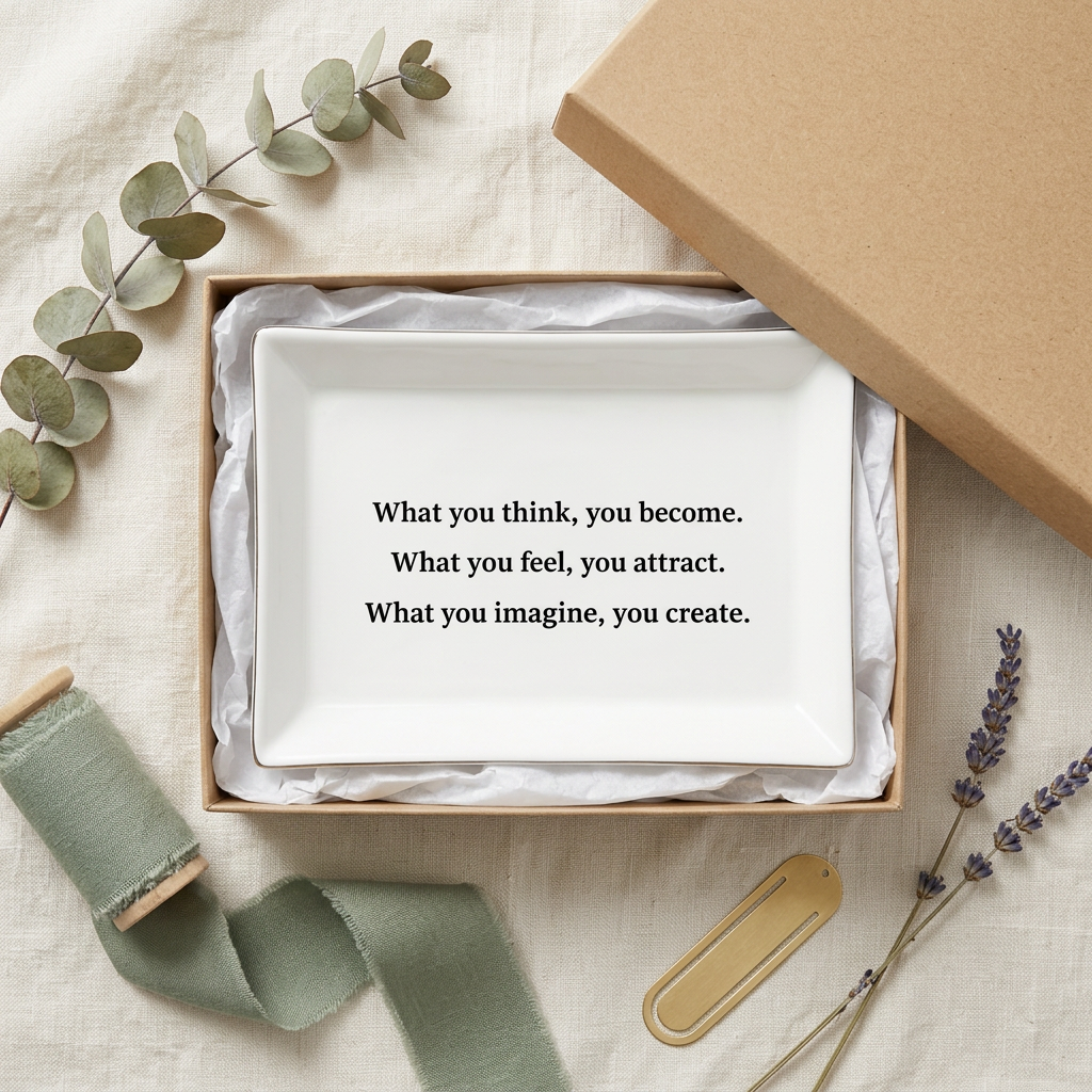 White What You Think You Become ceramic tray nestled in tissue in a kraft gift box beside sage ribbon, eucalyptus, and lavender | Bliss by Cori