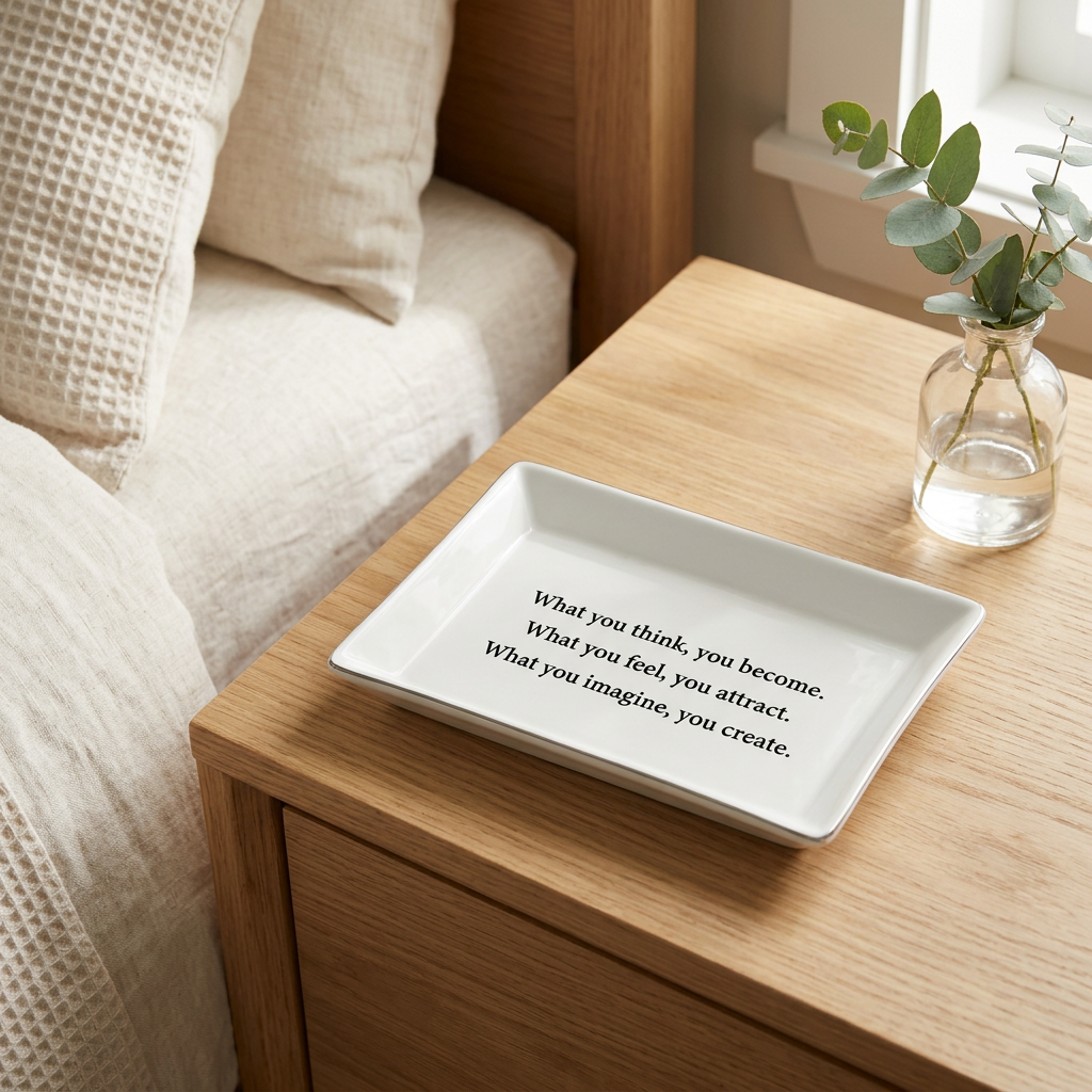 White What You Think You Become ceramic tray on a wooden bedside table beside eucalyptus and cream bedding | Bliss by Cori