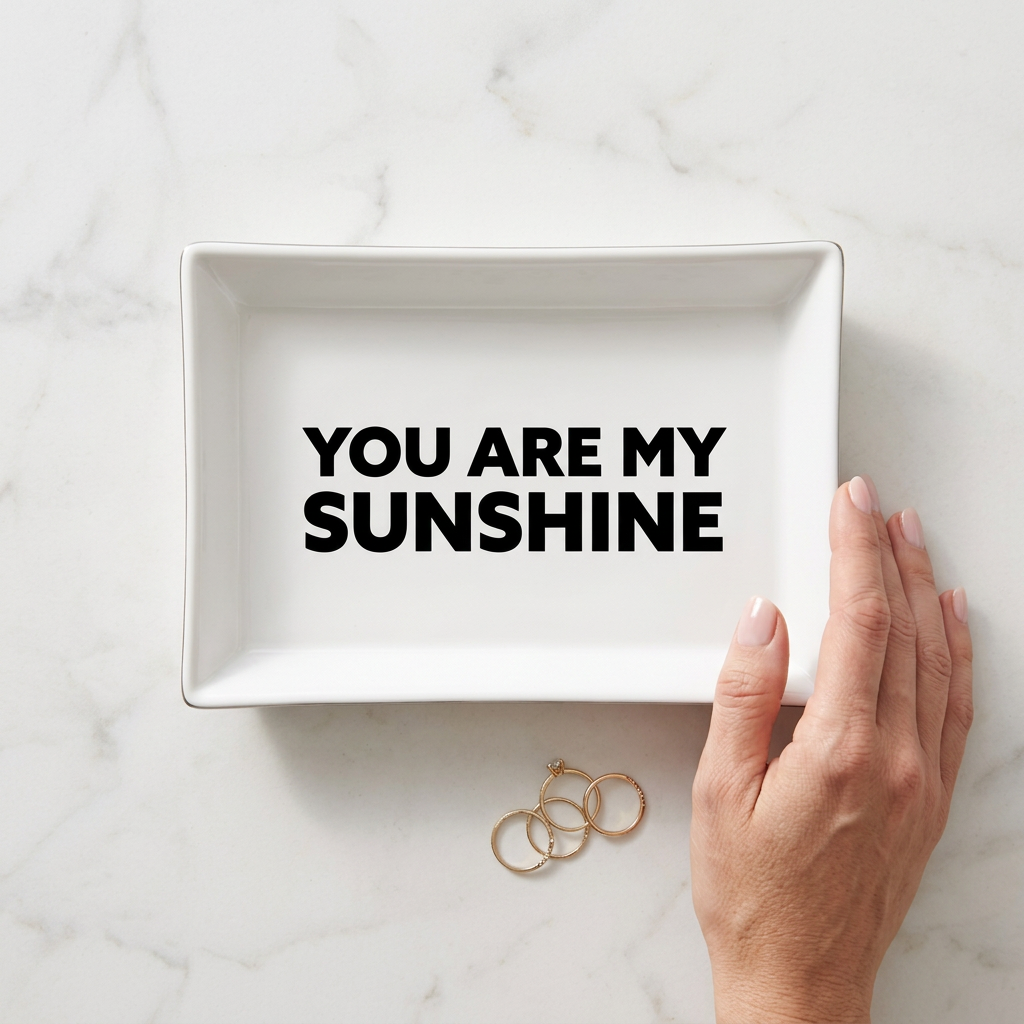 White You Are My Sunshine ceramic tray on pale marble beside gold rings and a manicured hand | Bliss by Cori
