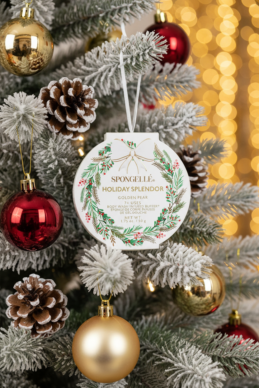 Spongellé Holiday Splendor Golden Pear body buffer ornament hanging on a snow-flocked Christmas tree with warm golden bokeh lights — Bliss by Cori Boutique