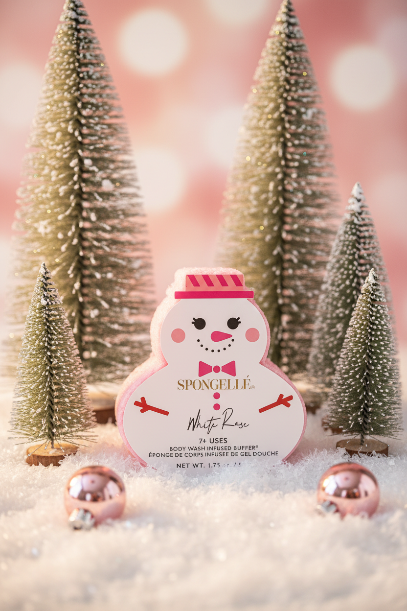 Spongellé White Rose snowman body buffer in cozy holiday lifestyle scene with snow-flocked trees and pink ornaments — Bliss by Cori Boutique