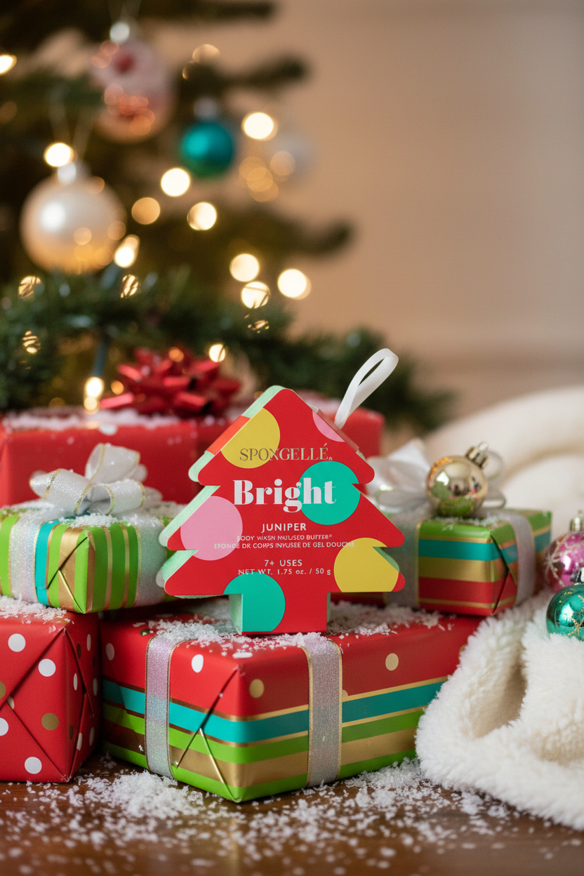 Spongellé Bright Juniper holiday tree body buffer in festive lifestyle scene with wrapped gifts and holiday decor — Bliss by Cori Boutique