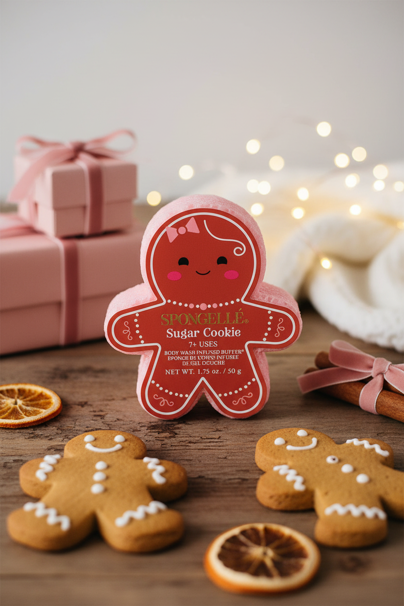 Spongellé Sugar Cookie gingerbread girl body buffer in cozy holiday lifestyle scene with warm festive decor — Bliss by Cori Boutique