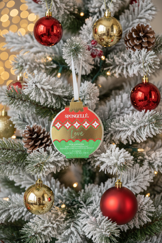 Spongellé Love Persimmon body buffer ornament hanging on a snow-flocked Christmas tree with warm golden bokeh lights — Bliss by Cori Boutique